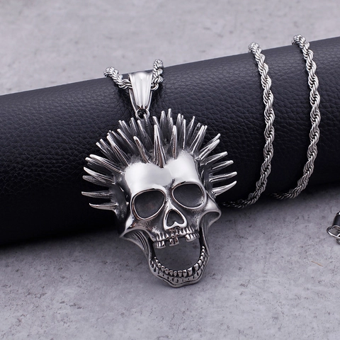 Skull Pendant Stainless Steel Spiked Mohawk Punk Hip Hop Ghost Head Jewelry For Men Pendant Only