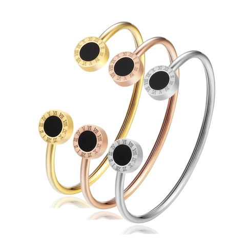 Roman Numerals Open Bangle Titanium Steel Shell Inlay Double Round Head Luxury Jewelry For Women Classic Style
