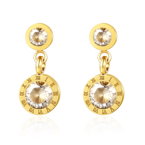 Roman Numeral Round Drop Earrings Stainless Steel Zircon Inlaid Elegant Double Circle Jewelry For Women