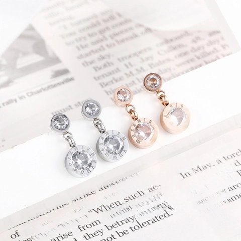 Roman Numeral Round Drop Earrings Stainless Steel Zircon Inlaid Elegant Double Circle Jewelry For Women