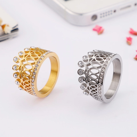 Elegant Crown Ring Stainless Steel Encrusted White Zircon Hollow Fashion Jewelry For Women