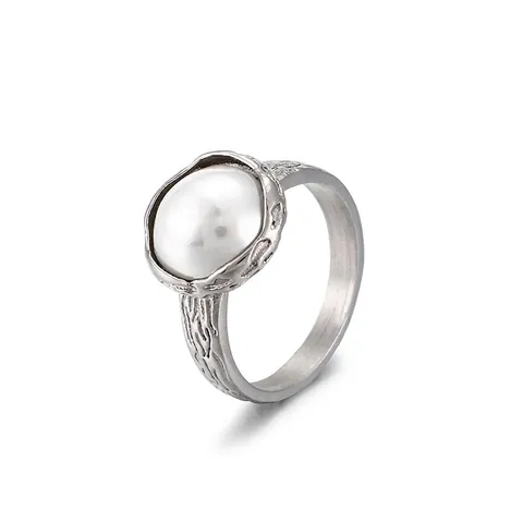 Anillo De Perlas Artificiales Vintage Para Mujer Acero De Titanio Textura Corteza Árbol Joyería Elegante Acero Inoxidable