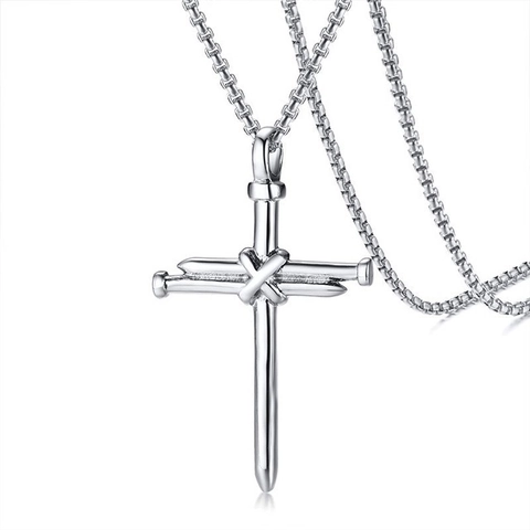 Men's Punk Stainless Steel Cross Nail Pendant Necklace Vintage Industrial Style Box Chain Jewelry Gift For Him