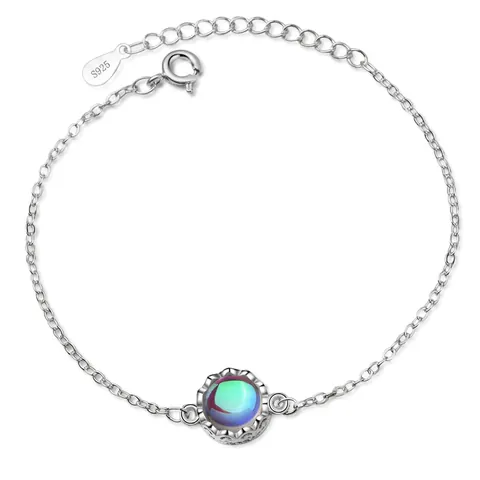 Bracciale da Donna in Rame Moda Pietra di Luna Artificiale Tonda Corona Pendente Aurora Iridescente Catena a Maglia