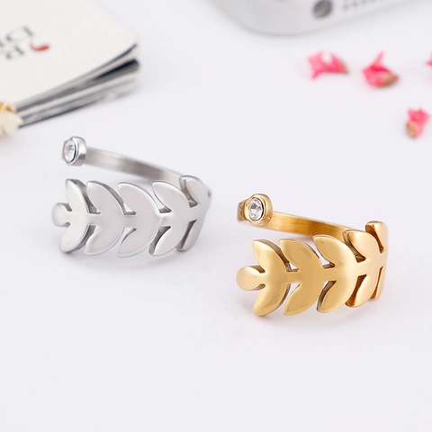 Anillo Ajustable De Hoja Acero Inoxidable Forma Trigo Circonita Incrustada Joyería Dedo Abierta Para Mujeres
