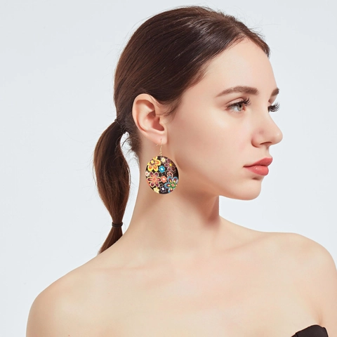 Übergroße Runde Hängeohrringe Mit Edelstahl Ohrstecker Legierung Buntes Blumenmuster Vintage Bohemian Stil