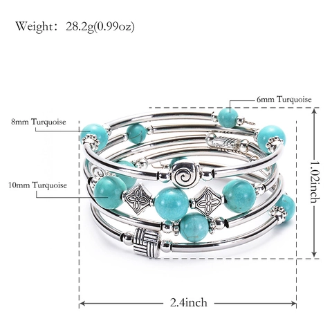 Bohemian Multi Layer Wrap Bracelet Natural Stone Turquoise Lava Stone Agate Beads Vintage Silver Color Coil Jewelry For Women