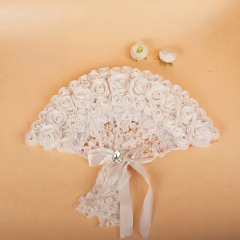 Eleganter Weißer Faltfächer Aus Spitze Mit Kunstperlen Strasssteinen Federn Und Bändern Für Hochzeiten Partys Und Tanz