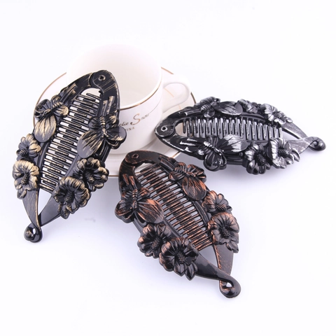 Vintage Banana Hair Clip For Women Retro Fish Shape Ponytail Holder Painted Plastic Resin Braided Pattern Elegant