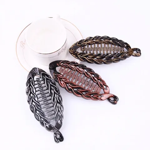 Vintage Banana Hair Clip For Women Retro Fish Shape Ponytail Holder Painted Plastic Resin Braided Pattern Elegant
