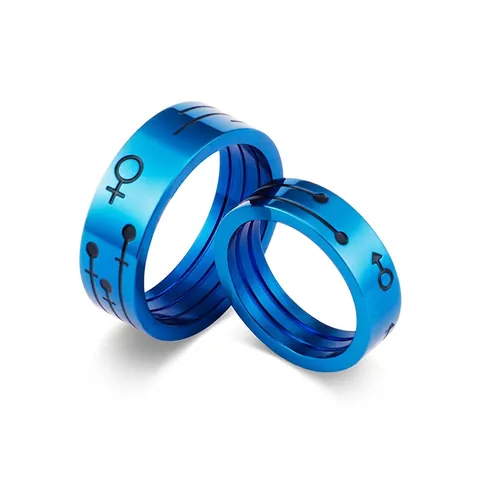 Blue Stainless Steel Couple Rings With Male Female Mars Venus Symbols Circuit Texture Modern Jewelry For Lovers