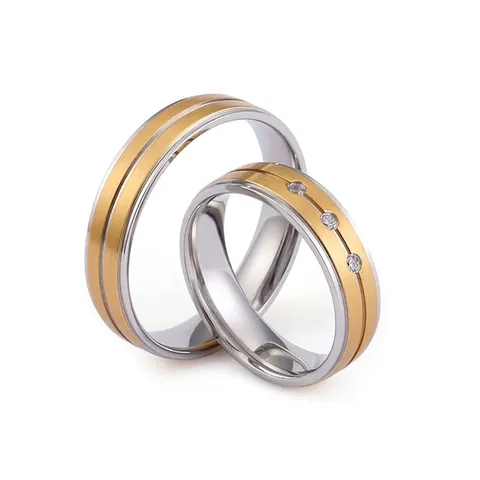 Anelli Di Coppia Minimalisti In Acciaio Inossidabile Bicolore Oro Argento Spazzolato Opaco Intarsio Di Zircone Gioielli