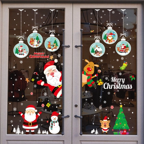 Christmas Window Stickers PVC Static Cling Santa Claus Reindeer Snowman Snowflake Decals DIY Glass Door Party Decoration