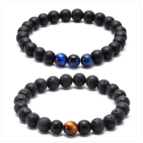 Naturstein Perlenarmband Lava Vulkanstein Tigerauge Matte Achat Handgemachtes Elastisches Armband Für Paare Damen Herren Schmuck
