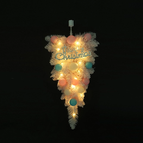Árbol De Navidad Invertido Rosa Blanco Decoración Con Bolas Macaron Y Luces LED PVC Pino Adorno Pared Puerta Hogar