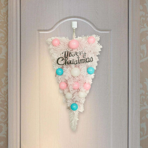 Árbol De Navidad Invertido Rosa Blanco Decoración Con Bolas Macaron Y Luces LED PVC Pino Adorno Pared Puerta Hogar