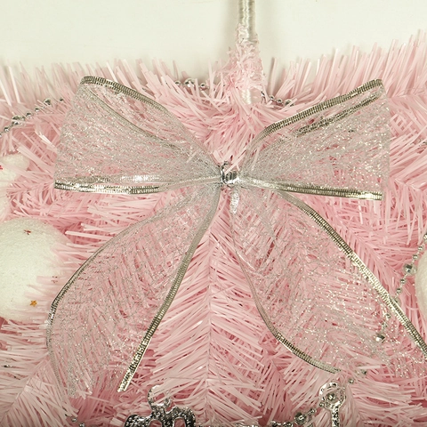 Pink Upside Down Christmas Tree Teardrop Swag Wall Hanging PVC White Balls Stars Ribbon Merry Christmas Sign LED Lighted