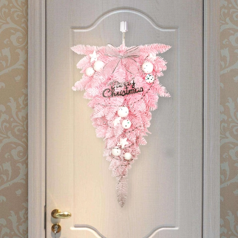 Pink Upside Down Christmas Tree Teardrop Swag Wall Hanging PVC White Balls Stars Ribbon Merry Christmas Sign LED Lighted