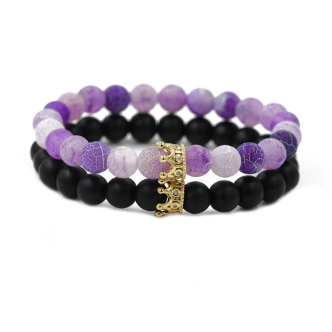 Ensemble De Bracelets En Perles Pierre De Lave Volcanique Agate Violette Érodée Couronne En Alliage Zirconia Punk Couple Bijoux