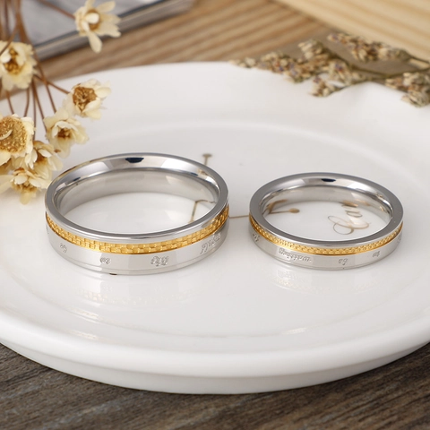 Anillos De Pareja De Moda Titanio Acero Inoxidable Dos Tonos Oro Plata Textura Cuadrícula Grabada Siempre Joyería Amantes