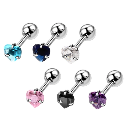 Heart Zirconia Stud Earrings Stainless Steel Piercing Jewelry For Tragus Cartilage Helix Barbell Screw Hypoallergenic