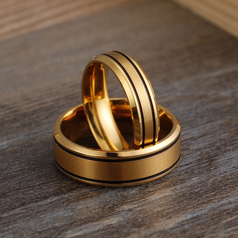 Bague En Acier Inoxydable Pour Couples Plaqué Or Finition Brossée Doubles Lignes Noires Bijoux Simples Pour Hommes Femmes