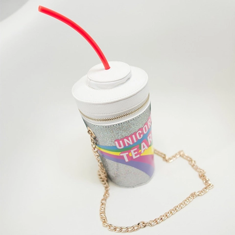 Novelty Drink Cup Shape Crossbody Bag Sequin Unicorn Tears Rainbow Pattern Metal Chain Strap Bucket Purse For Women