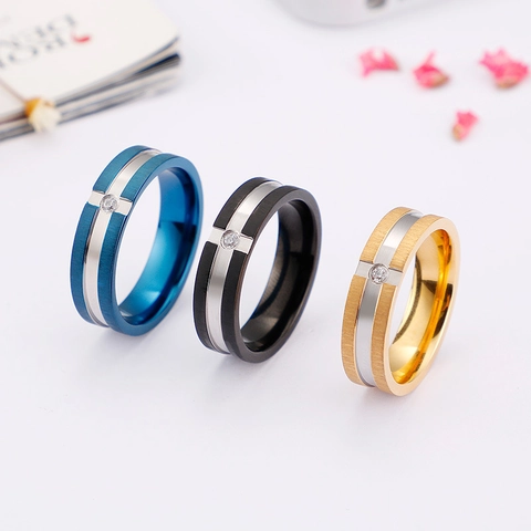 Geborsteld 316L Roestvrijstalen Ring Tweekleurige Band Met Zirkoon Inlay Moderne Industriële Sieraden Voor Mannen Vrouwen
