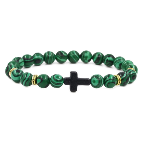 Bracciale con Perline Croce in Pietra Naturale per Uomo Donna Fatto a Mano Lava Occhio di Tigre Turchese Elastico Yoga Gioielli