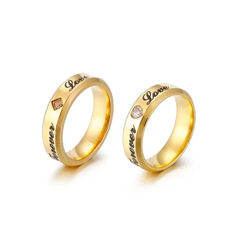 Bagues De Couple Gravées Forever Love En Acier Inoxydable Cœur Zircon Cubique Bijoux Romantiques Pour Amoureux