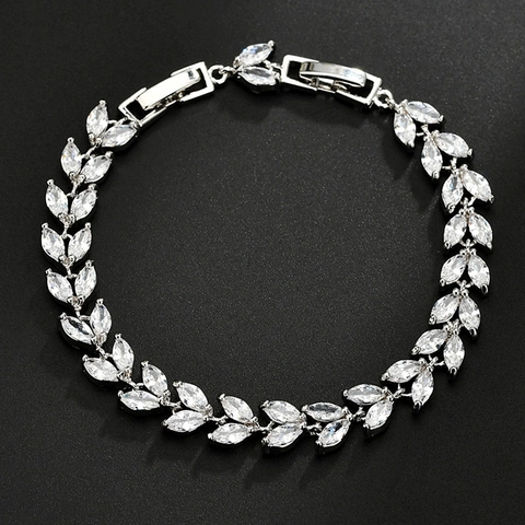 Bracciale di Lusso in Lega di Rame con Zirconia a Spiga di Grano Per Donna Placcato Oro Bianco Gemme Taglio Marquise Gioielli Etnici