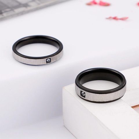 Simple Brushed Titanium Steel Ring Black Silver Contrast Square Zircon Inlay Fashion Jewelry For Men Women Couples