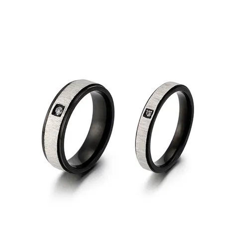 Simple Brushed Titanium Steel Ring Black Silver Contrast Square Zircon Inlay Fashion Jewelry For Men Women Couples