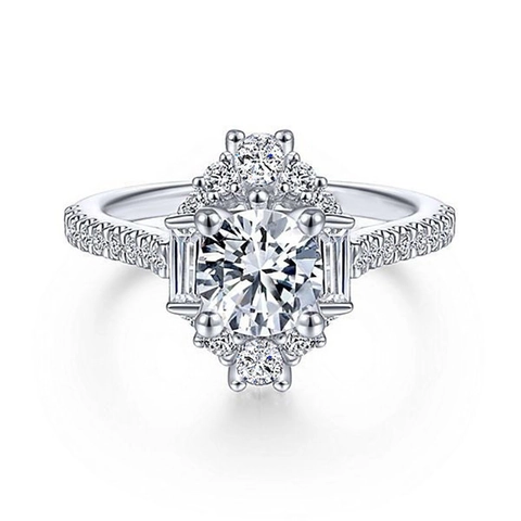 Luxury Round Zircon Engagement Ring Copper Women Wedding Jewelry Brilliant Cut With Baguette Side Stones Glamorous Pave Shank