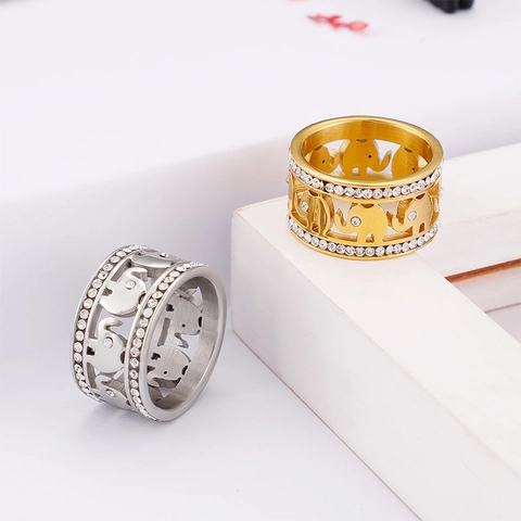 Edelstahl Elefant Hohlring Mit Doppelreihigem Zirkon Strass Breites Band Modeschmuck Für Damen