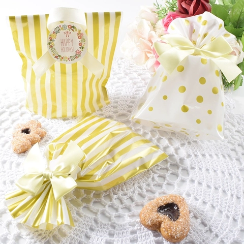 Sacchetti Regalo Plastica Stampa Oro Con Nastri Motivo Puntini Strisce Per Pasticceria Biscotti Caramelle Festa