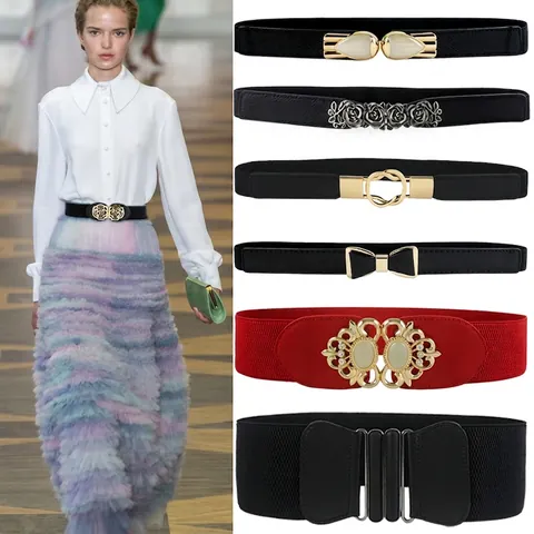 Ceinture Corset Élastique Pour Femmes Cuir Artificiel Boucle En Alliage Mode Fleur Nœud Taille Décorative Pour Robe Pull
