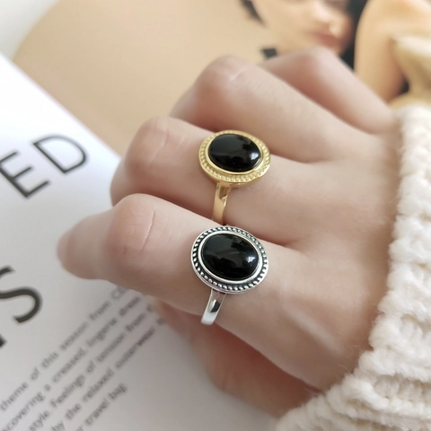 Retro 925 Sterling Silver Adjustable Ring Vintage Oval Black Agate Beaded Edge Minimalist Jewelry For Women