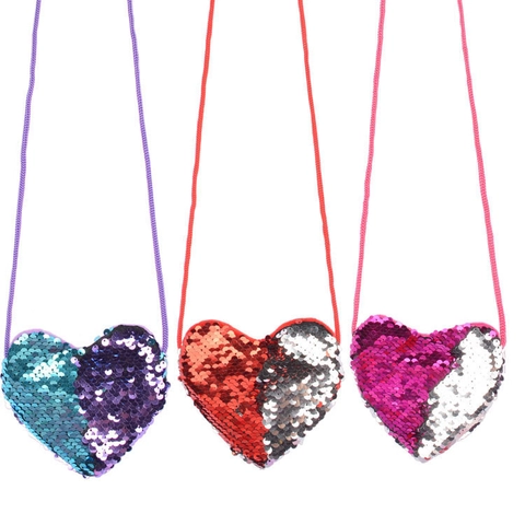 Heart Shaped Reversible Sequin Mini Crossbody Bag Kids Girls Coin Purse Small Shoulder Pouch Shiny Party Accessory