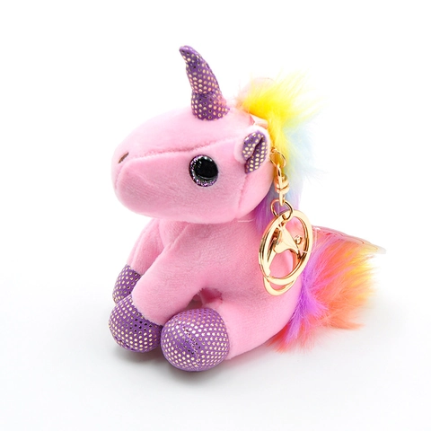 Portachiavi Unicorno Peluche Morbido Animale Stoffa Criniera Arcobaleno Corno Scintillante Grandi Occhi Ciondolo Borsa