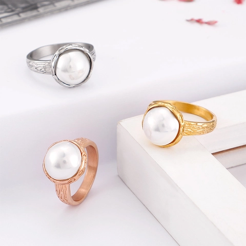 Anillo De Perlas Artificiales Vintage Para Mujer Acero De Titanio Textura Corteza Árbol Joyería Elegante Acero Inoxidable