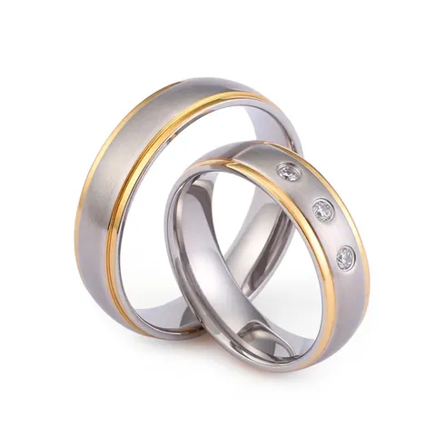 Couple Rings 316L Stainless Steel Two-Tone Gold Brushed Frosted Inlaid Cubic Zirconia Minimalist Fashion Jewelry