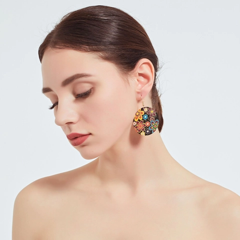 Übergroße Runde Hängeohrringe Mit Edelstahl Ohrstecker Legierung Buntes Blumenmuster Vintage Bohemian Stil