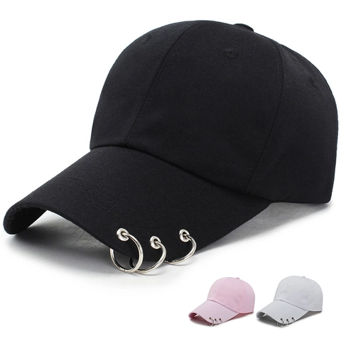 Casquette De Baseball Avec Anneaux Métalliques Bord Percé Streetwear Hip Hop Ajustable Polyester Chapeau De Soleil Décontracté