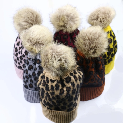 Leopard Print Knit Beanie Hat With Faux Fur Pom Pom Warm Thickened Winter Outdoor For Women