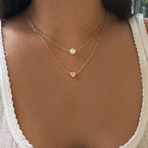 Gold Plated Alloy Copper Double Layered Necklace With Heart Pendant And Round Artificial Pearl Elegant Jewelry For Women