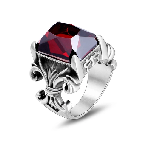 Herren Gothic Edelstahl Ring Mit Quadratischem Rotem Edelstein Retro Fleur De Lis Relief Punk Schmuck