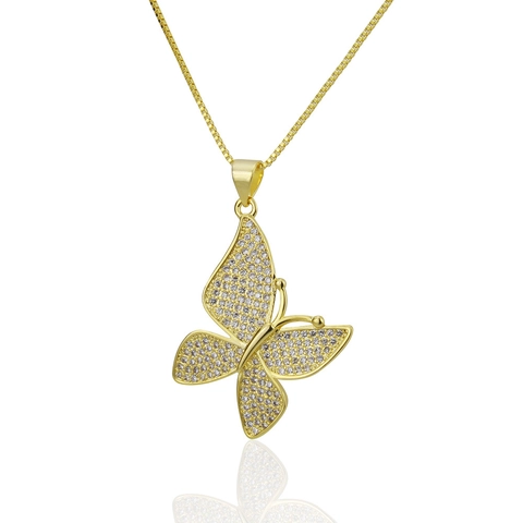 Collana Con Pendente A Farfalla Per Donna In Rame Con Micro Pavé Di Zirconi Catena Box Placcato Oro Semplice Moda Elegante Gioielli