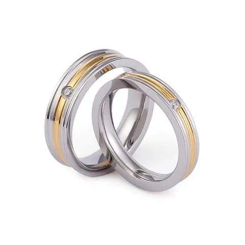 Titanstahl Pärchen Ring Zweifarbig Silber Gold Zirkonia Einlage Poliert Einfacher Hochzeitsring Schmuck