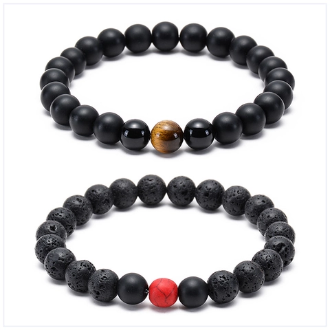 Naturstein Perlenarmband Lava Vulkanstein Tigerauge Matte Achat Handgemachtes Elastisches Armband Für Paare Damen Herren Schmuck